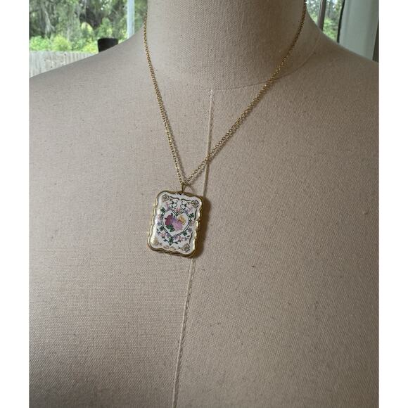 Vintage Porcelain Pendant Franklin Mint Valentine Sweetheart 18” Chain Floral - Picture 5 of 13